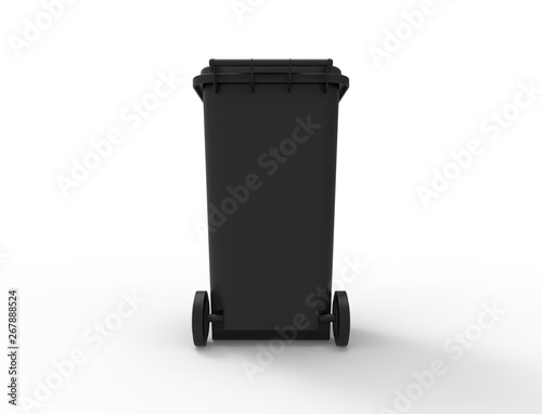 3D rendering of a black consumer trash waste bin container isolated in white studio background stimulating recycling. © Sepia100