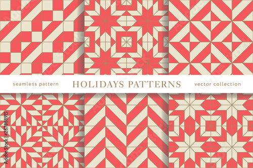 Set of winter holidays seamless patterns. Merry Christmas and Happy New Year. Collection of simple geometric textured backgrounds with red and golden colors. Vector illustration. EPS 10