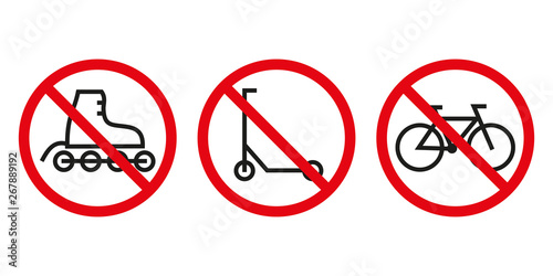 Rolki, hulajnoga i rower. Zestaw znaków zakazu wektor
