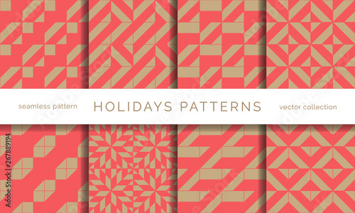 Set of winter holidays seamless patterns. Merry Christmas and Happy New Year. Collection of simple geometric textured backgrounds with red and golden colors. Vector illustration. EPS 10