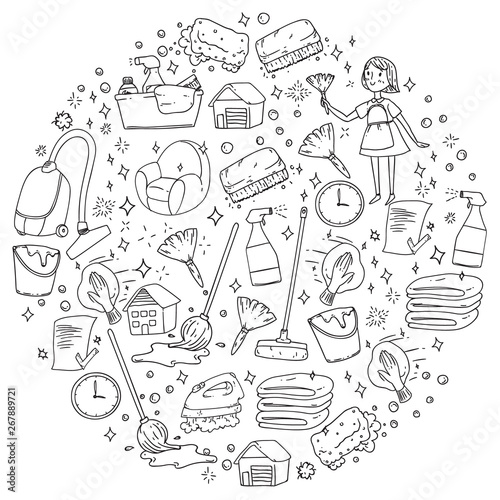 cleaning services company vector monochrome pattern on white background, drawing.