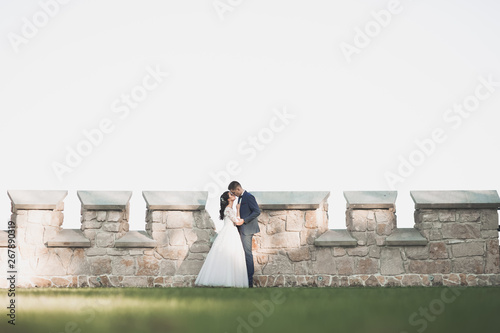 Happy wedding couple walking in a botanical park