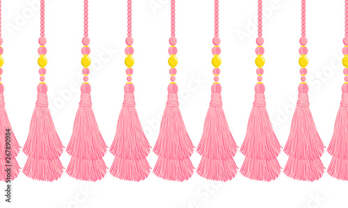 Vector seamless border pattern. Horizontal tassels from yarn or tread with beads, flat macrame style. Punchy pink colors, perfect for wallpaper, room, greeting cards, celebrating