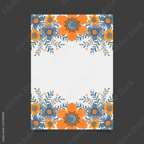 Common size of floral greeting card and invitation template for wedding or birthday anniversary  Vector shape of text box label and frame  Orange flowers wreath ivy style with branch and leaves.