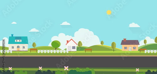Fototapeta Naklejka Na Ścianę i Meble -  Beautiful nature landscape with houses, bench and fences background.Home with Green Hills and blue sky.Public park with nature and street.Vector illustration.Rural scene with home on street