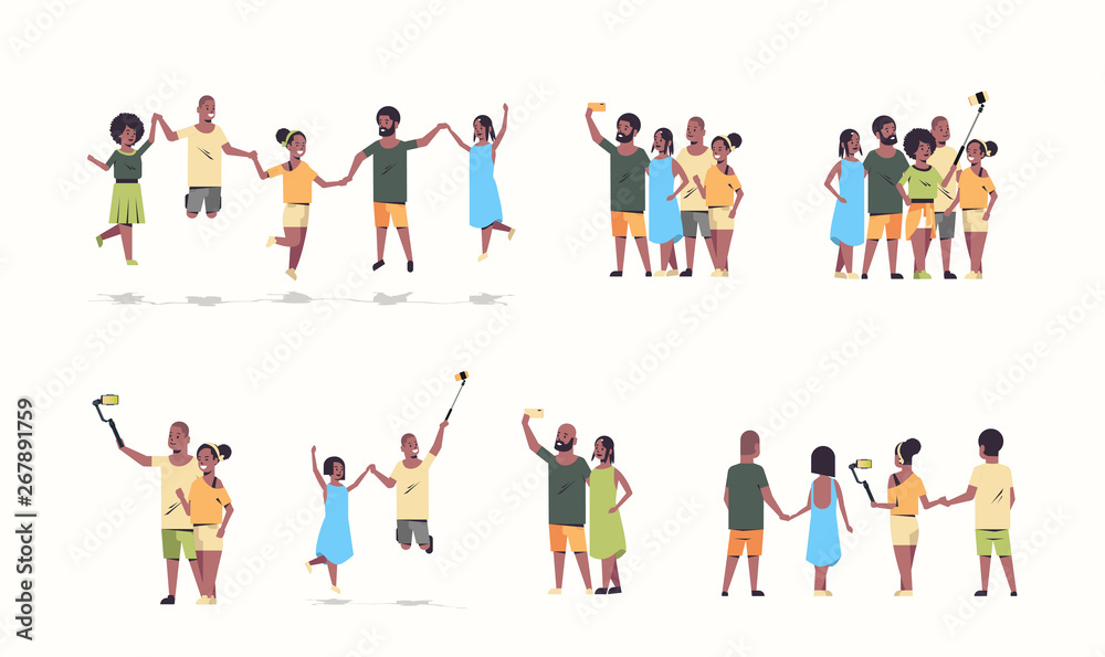 set people group using selfie stick men women taking photo on smartphone camera african american friends having fun cartoon characters collection full length flat white background horizontal