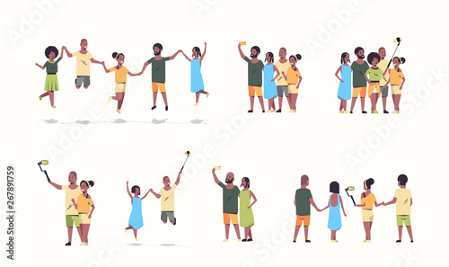 set people group using selfie stick men women taking photo on smartphone camera african american friends having fun cartoon characters collection full length flat white background horizontal