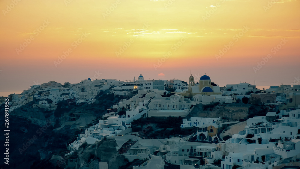 close up of oia at sunset on santorini
