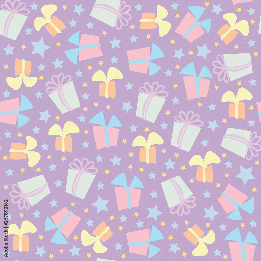 Vector seamless pattern. Cute present boxes with ribbon bow and confetti from stars. Festive, cute random colors. Perfect for wrapping paper, background, texture for textile, and other holiday design