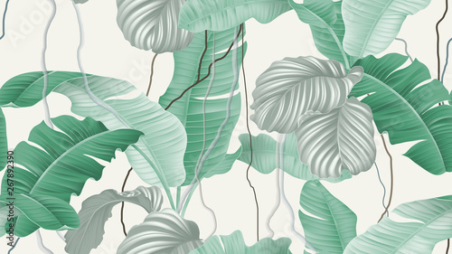 Tropical forest seamless pattern, banana leaves and Calathea orbifolia on light brown background, pastel vintage theme