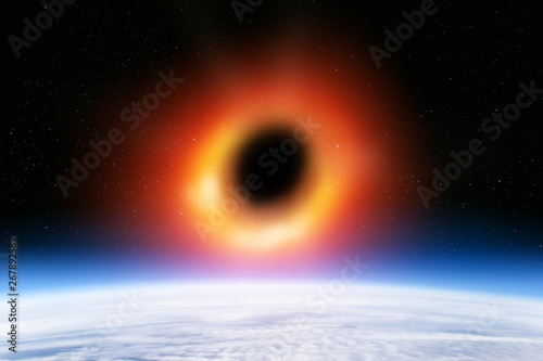 Fototapeta Naklejka Na Ścianę i Meble -  black hole close up to blue earth planet globe and stars over horizon aerial view of artist impression of universe realistic landscape background design concept deep cosmos wallpaper