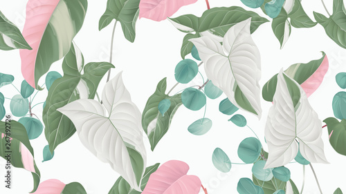 Tropical plants seamless pattern, Syngonium podophyllum albo-variegatum, Pilea peperomioides and Philodendron pink princess on light grey background, pastel vintage theme