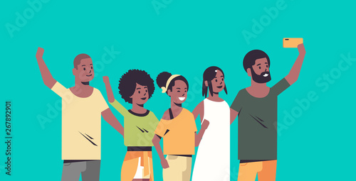 people group taking selfie photo on smartphone camera african american friends having fun male female cartoon characters portrait flat horizontal