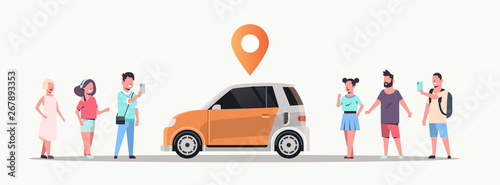 people using mobile application ordering auto with location pin online taxi car sharing carpooling concept transportation carsharing service flat horizontal photo