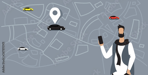man using mobile app online ordering taxi car sharing concept guy holding smartphone over city map transportation carsharing service application sketch doodle horizontal portrait