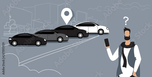 frustrated man searching car with location geo tag on parking using mobile application carsharing concept guy holding smartphone online auto rent service sketch doodle horizontal portrait