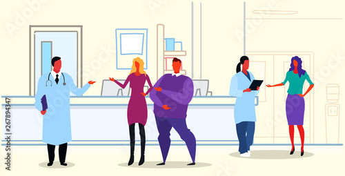man woman doctors in uniform discussing with patients standing hospital clinic reception medical consultation healthcare concept sketch doodle horizontal full length