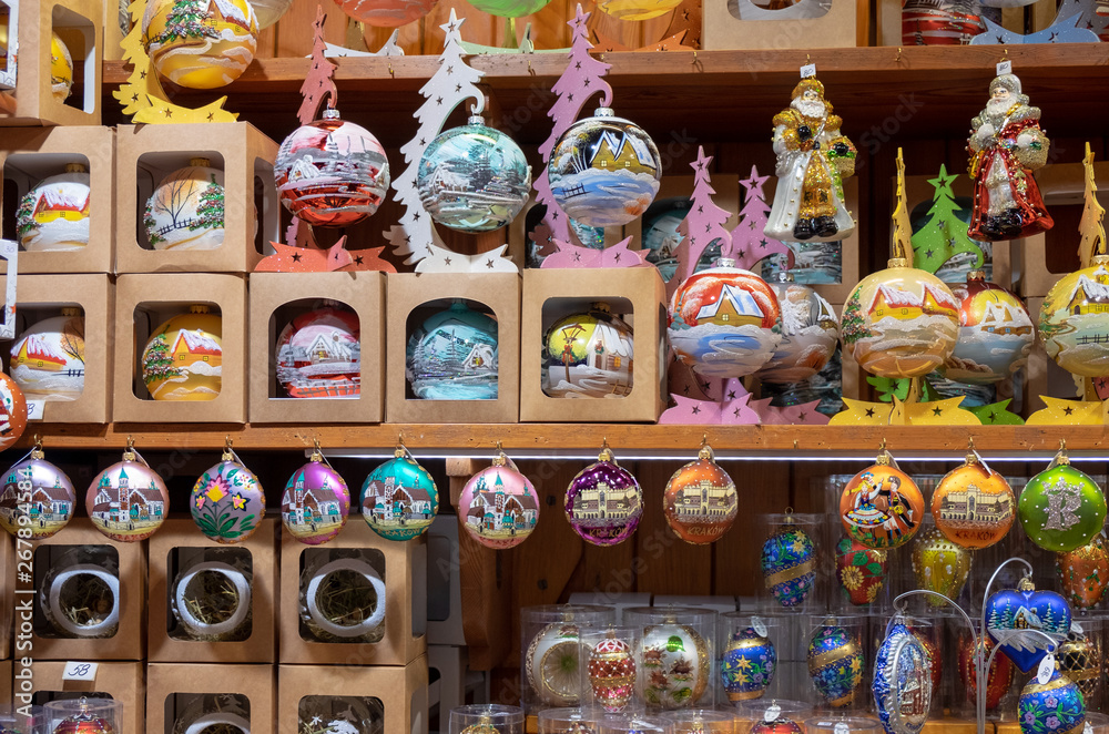painted christmas decorative glass balls for sale at the handicraft market