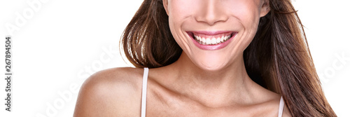 Perfect smile smiling woman with white teeth on white background copy space banner. Closeup of mouth and toothy smile.