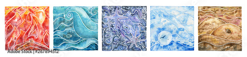 Five natural elements: fire, water, ether, air and earth. Abstract mosaic composition with natural elements. Watercolor illustration set.