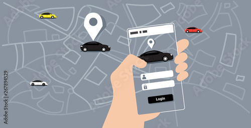 human hand using mobile app online ordering taxi car sharing concept smartphone screen city map transportation carsharing service application sketch doodle horizontal