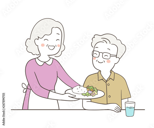 Draw elderly senior grandmother serving food.