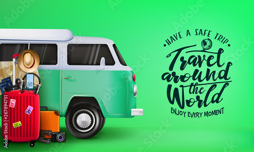 Travel Around the World Banner with 3D Realistic Travelling Van Car and Luggage Bag, Suitcase, Camera, Binoculars, Map, Magnifying Glass, Sunglasses, Car Key, Headset, Passport, Hat, and Mobile Phone 