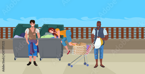 mix race tramps searching food and clothes in trash can on street african american beggar pushing trolley cart with belongings homeless concept horizontal full length vector