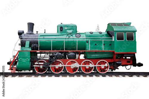 Old steam locomotive standing on rails, vintage train, general view. Isolated on white.