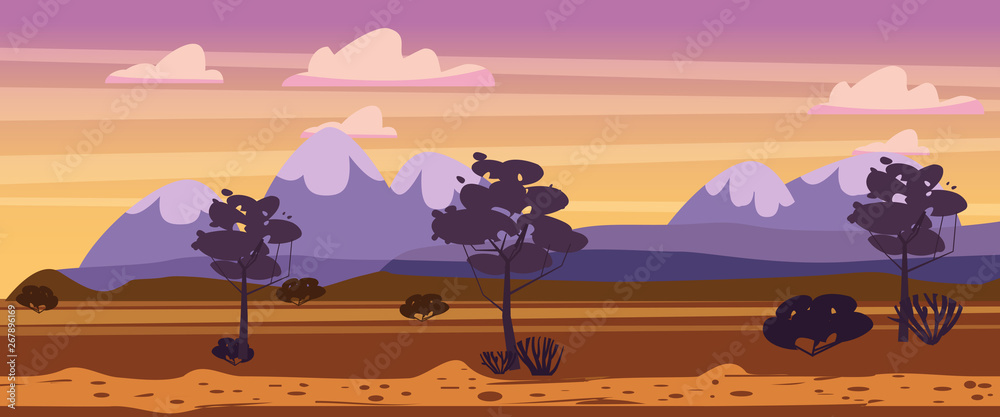 Landscape sunset summer, countryside, rural view, wild west, mountains, trees bushes savannah desert