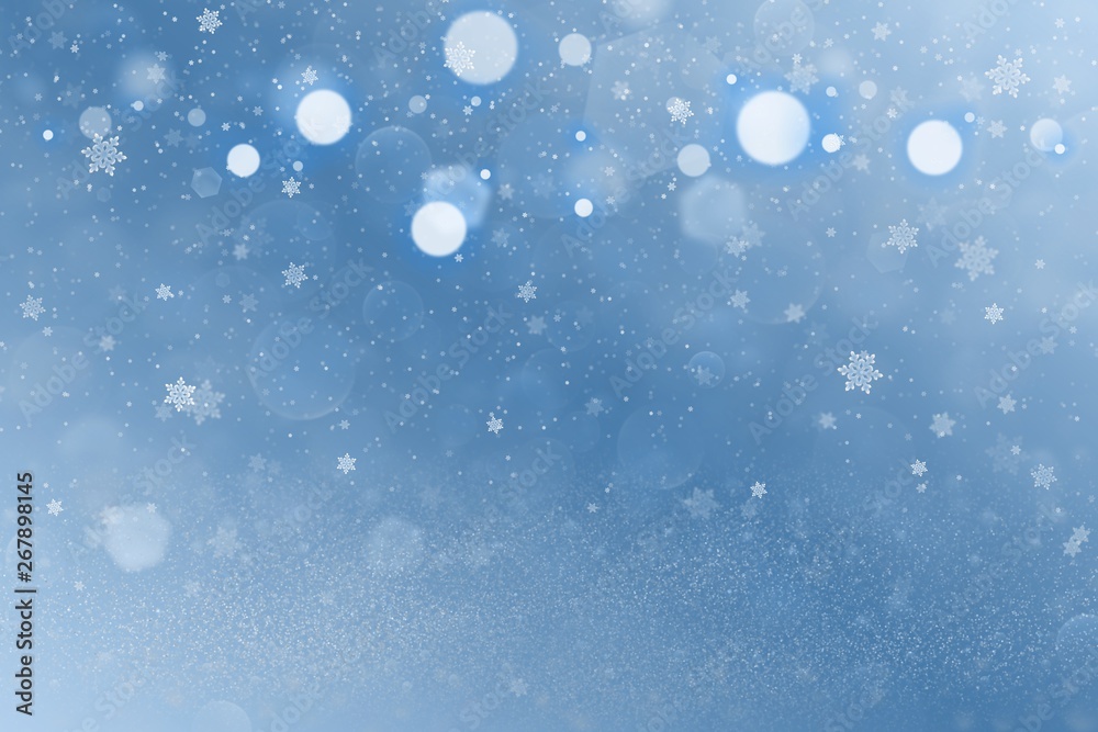 blue pretty bright glitter lights defocused bokeh abstract background with falling snow flakes fly, festal mockup texture with blank space for your content