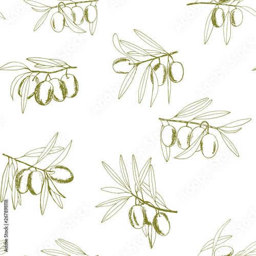 seamless pattern olives, sketch, hand-drawn olive fruits and branches