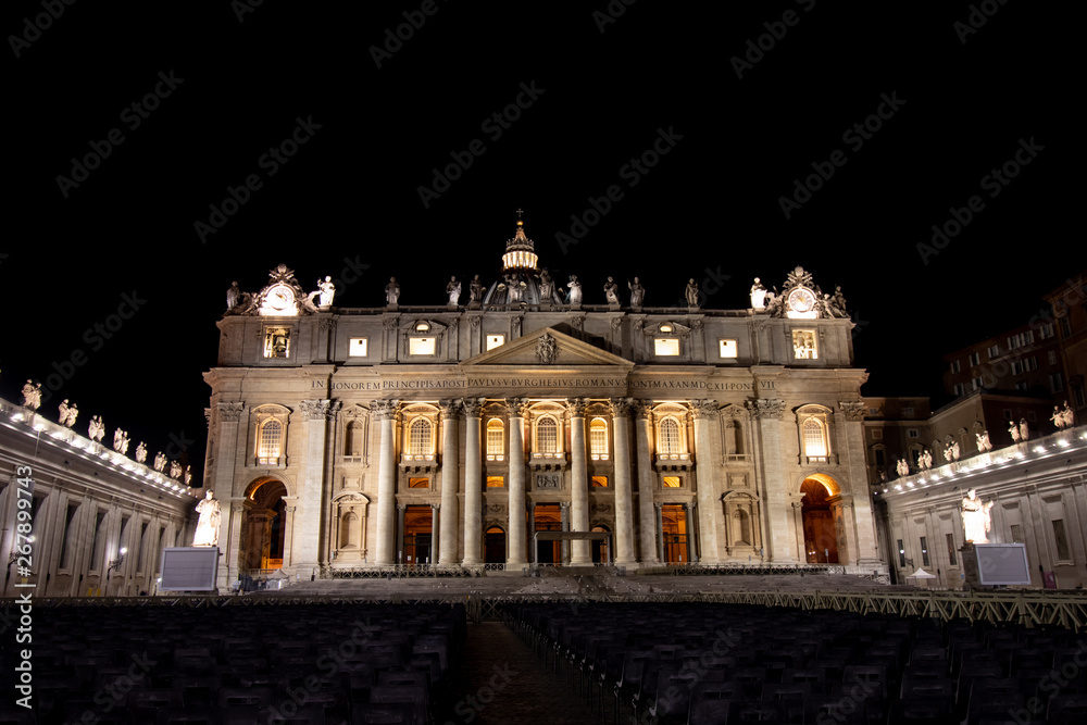 St. Peter's Basilica at night in the Vatican