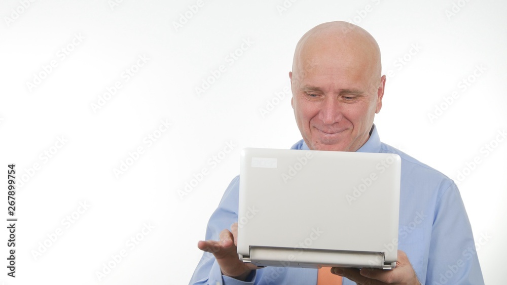 Happy Businessman Image Reading Financial Good News on Laptop Happy Businessman Image Reading Financial Good News on Laptop