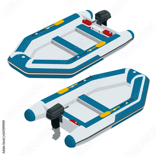 Isometric inflatable boat. A modern inflatable boat with rigid wooden floorboards, a transom and an inflatable keel, powered by an electric trolling motor.
