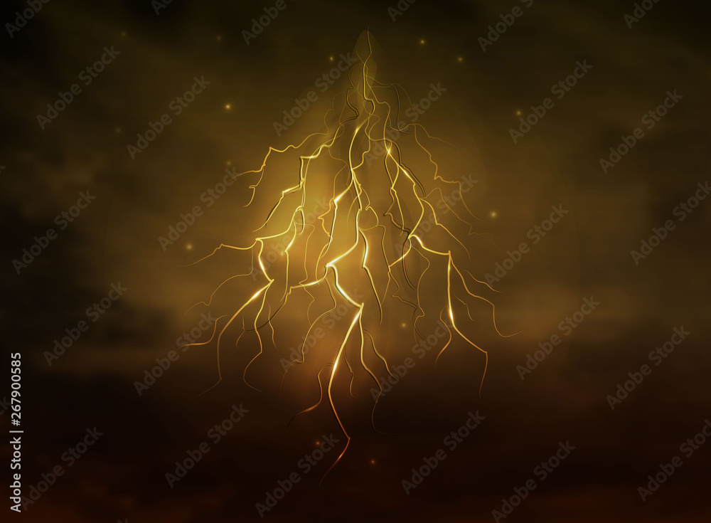 the element of thunder in the night sky. element of the concept on the theme of nature (cataclysm, hurricane, storm, Typhoon ). an isolated element of lightning in gold style. vector graphics