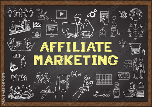 Hand drawn illustration about Affiliate marketing on chalkboard for web element or presentation. Stock Vector