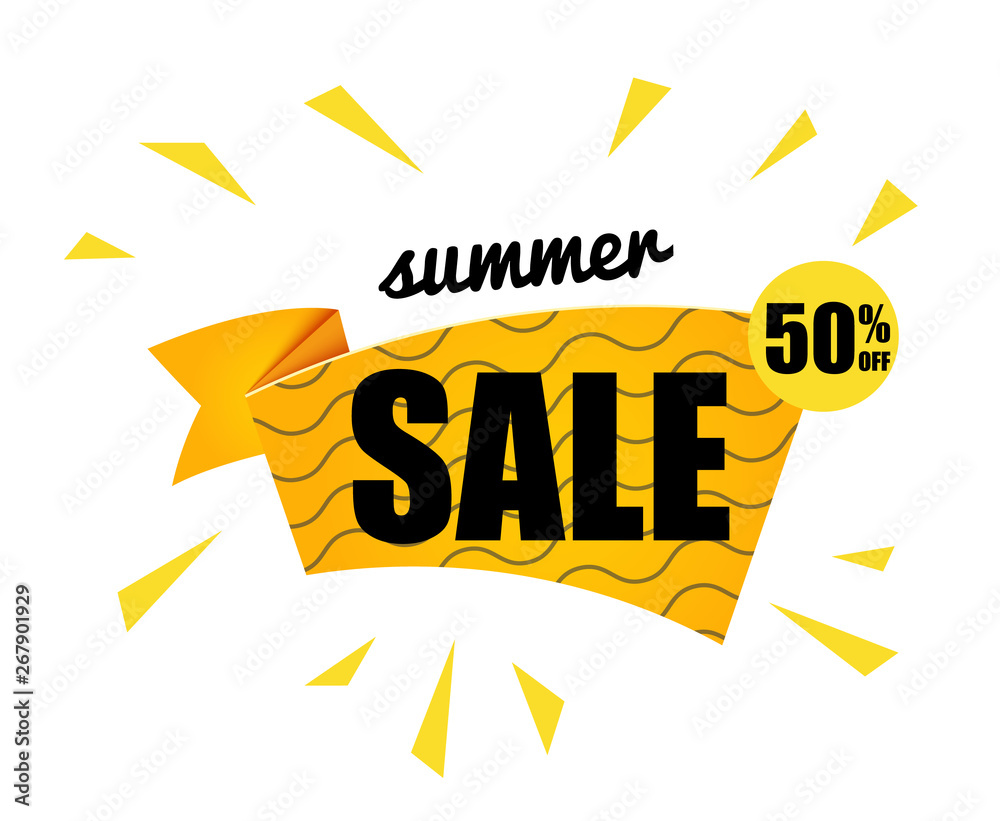 The yellow sun with the summer sale text isolated on white background. Vector summer illustration elements for poster, banner or flyers.