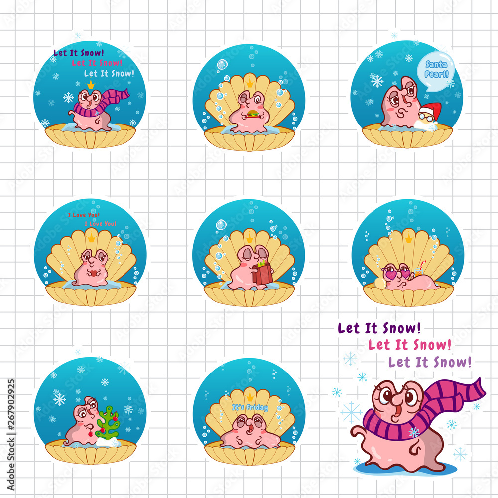 Set of vector cartoon pearl oyster in water bubble with lovely shell. Illustration of kawaii pink snail with different face expression. Perfect for icons, prints, stickers or smiles. Abstract design
