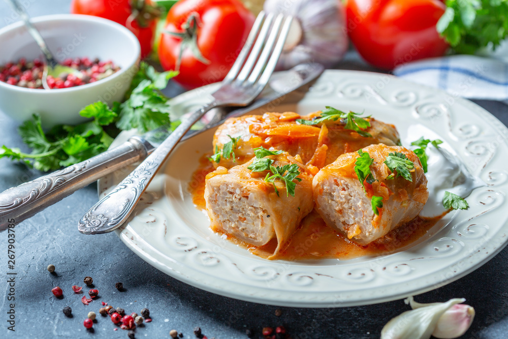 Cabbage rolls with minced meat and sour cream. Cabbage rolls with minced meat and sour cream.