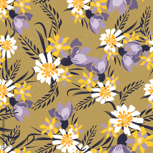 Vintage Seamless pattern with flowers. Hand drawing illustration