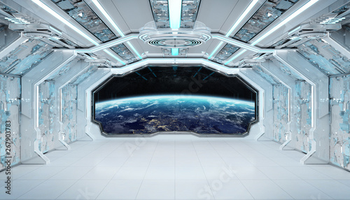 Fototapeta Naklejka Na Ścianę i Meble -  White blue spaceship futuristic interior with window view on planet Earth 3d rendering