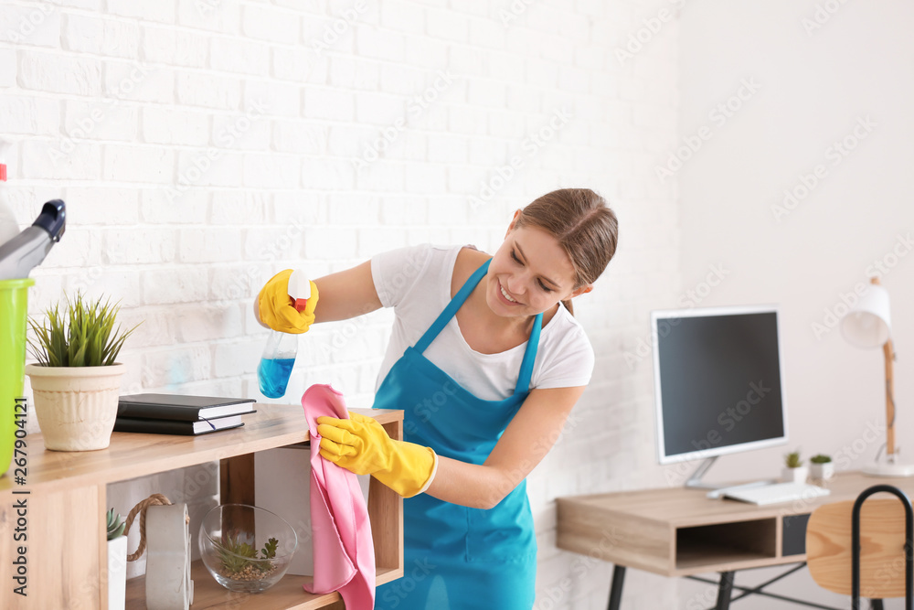 Female janitor cleaning flat Female janitor cleaning flat