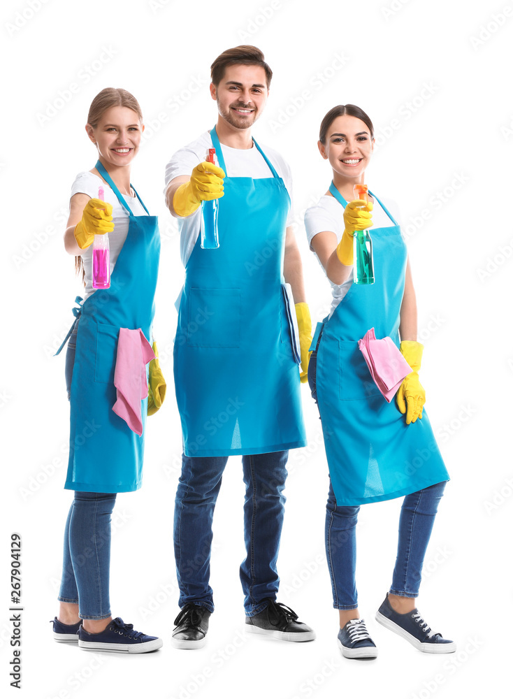 Team of janitors on white background Team of janitors on white background