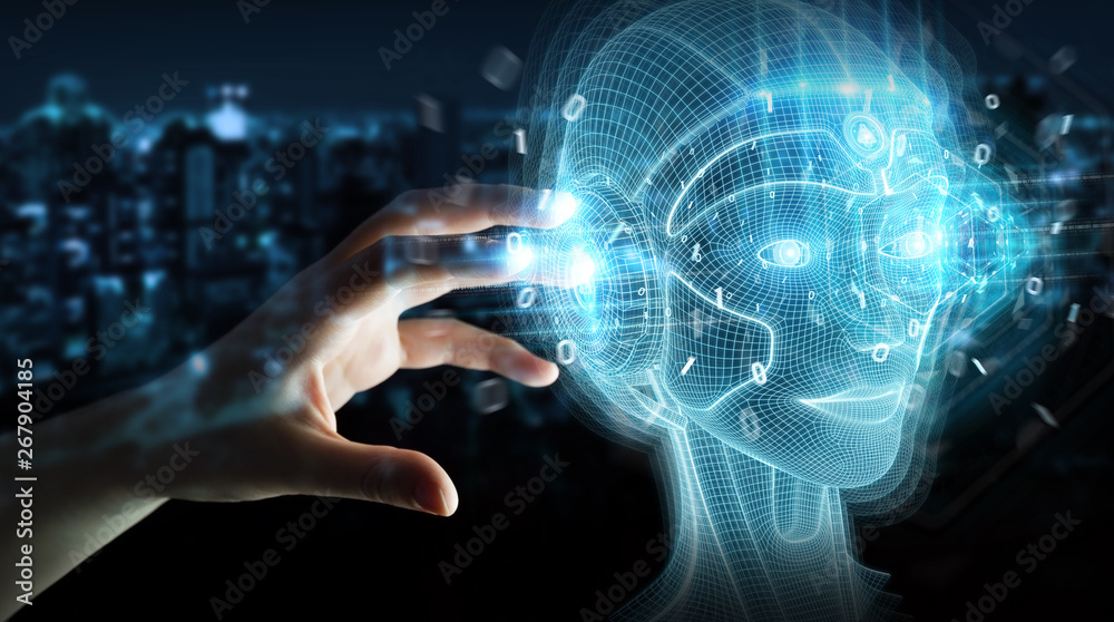 Businessman using digital artificial intelligence head interface 3D rendering Businessman using digital artificial intelligence head interface 3D rendering