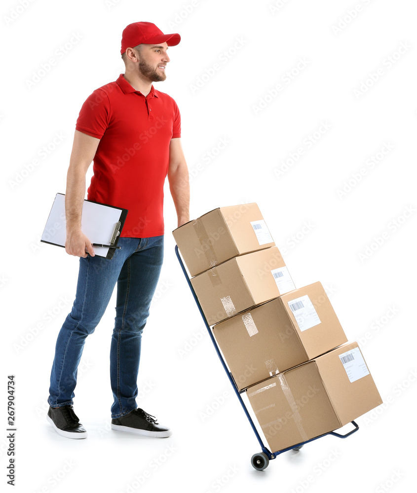 Handsome delivery man with boxes on white background Handsome delivery man with boxes on white background