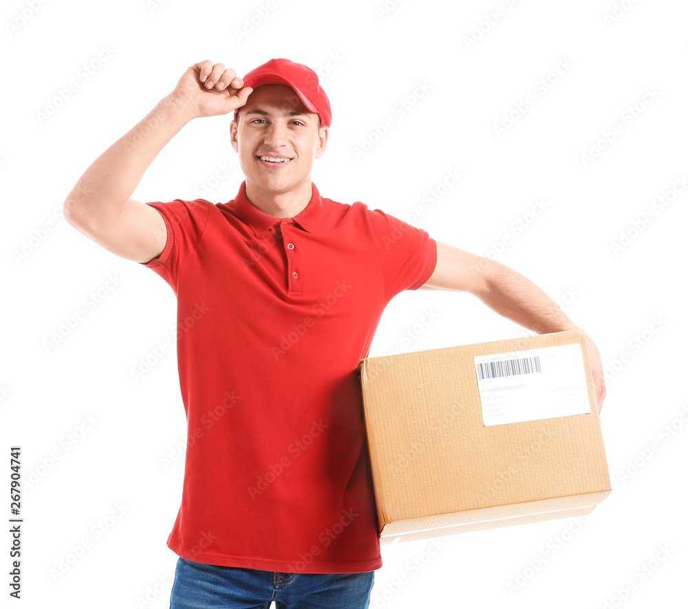 Delivery man with box on white background Delivery man with box on white background