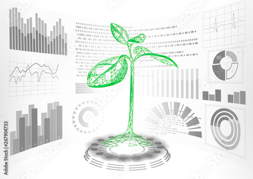 3D low poly green plant HUD UI display. Future polygonal triangle point line ecology problems solution abstract biology genome engineering vector illustration future business technology