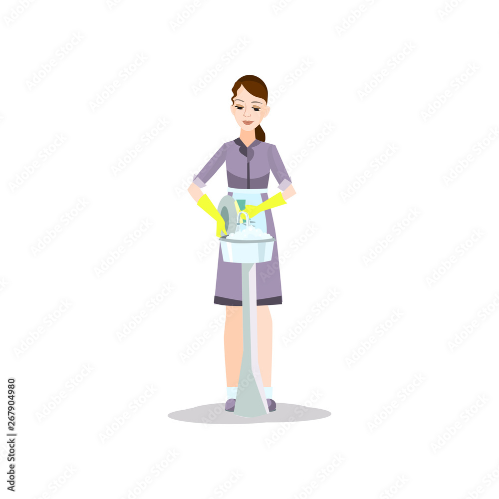 Cleaning house girl wash white plate in yellow gloves Cleaning house girl wash white plate in yellow gloves