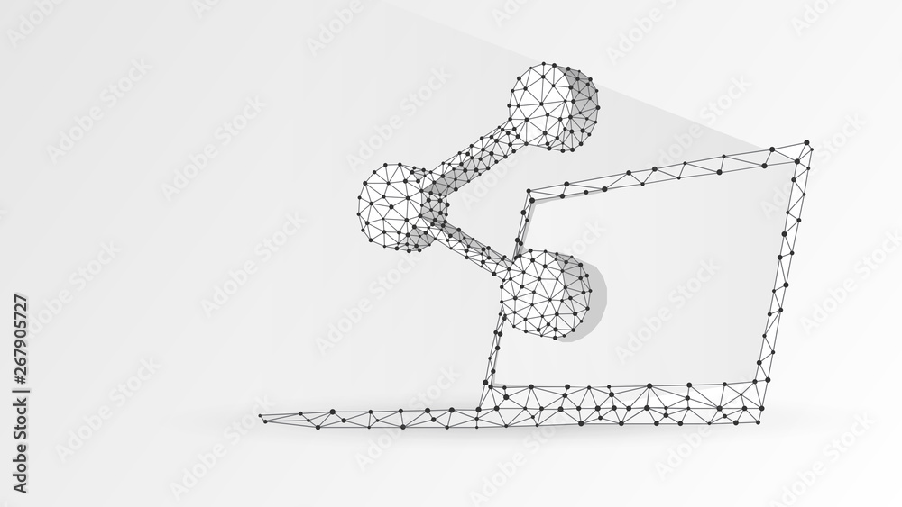 Fototapeta premium Share symbol on laptop screen. Business connect, media, people communication concept. Abstract, digital, wireframe, low poly mesh, polygonal vector white origami 3d illustration. Triangle, line, dot
